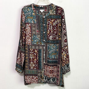 J Jill Patchwork Tunic Top M Long Sleeve Button Front Boho Gypsy Rayon Casual‎